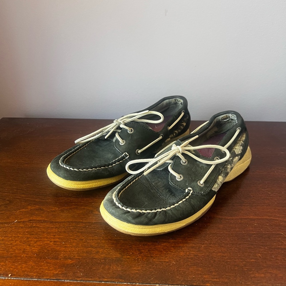 Sperry Black Boat Shoes with Black/Gray/White Cut ins Women's‎ size 9 GUC